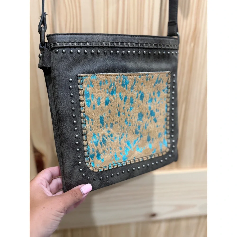 Trinity Ranch Crossbody Bag Gray Turquoise Acid Wash Cowhide Studded Western